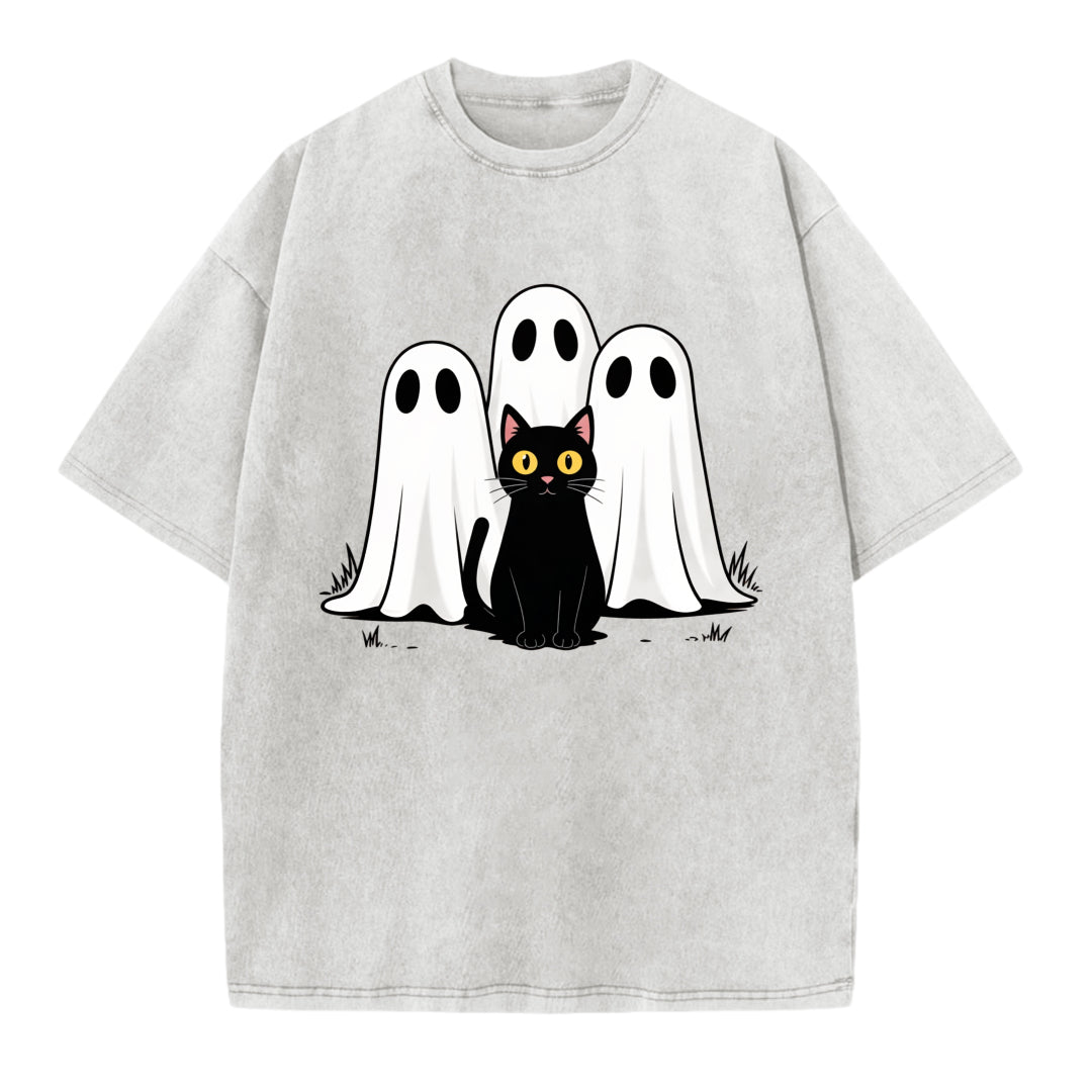 Funny Ghosts & Black Cat Print Vintage Washed T-shirt