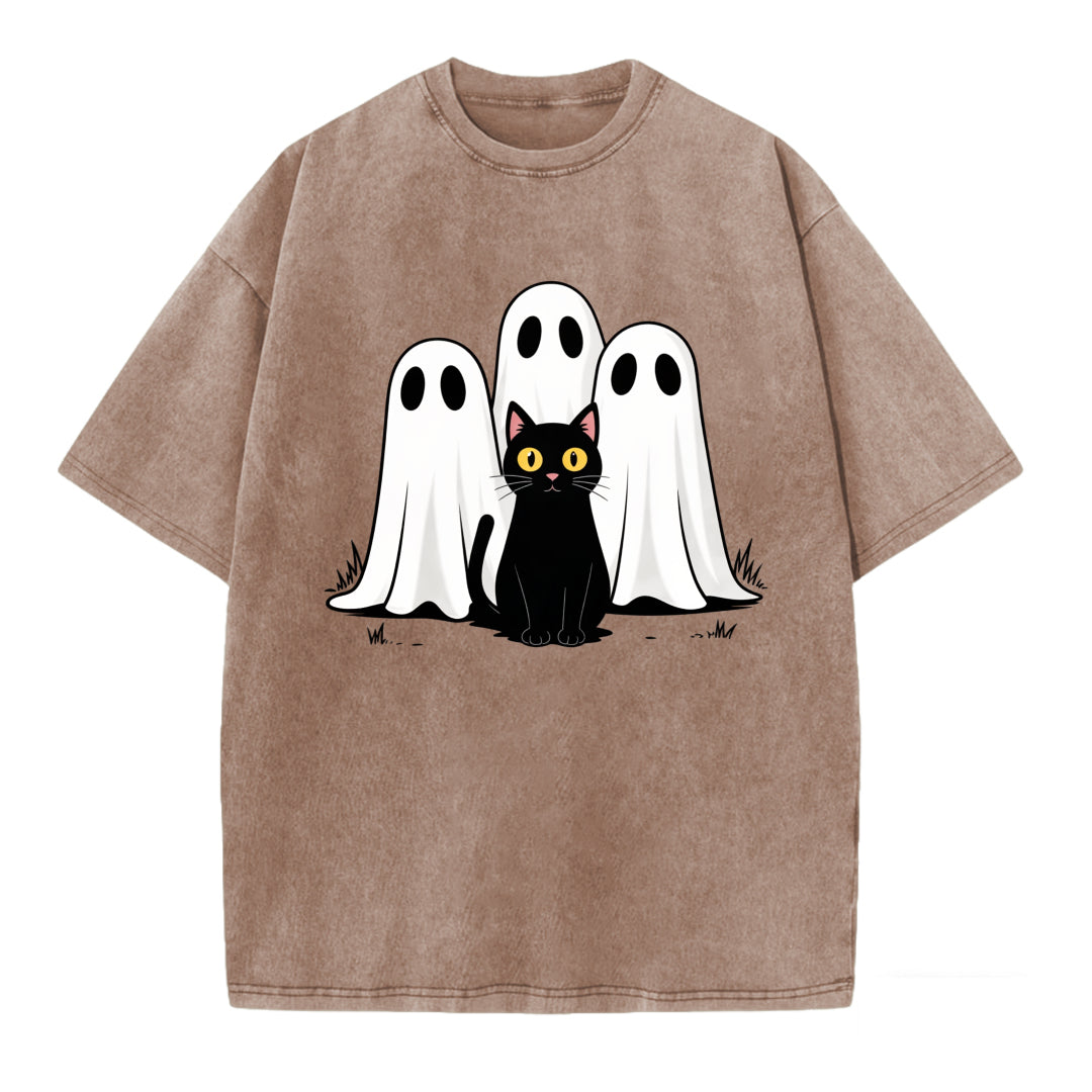 Funny Ghosts & Black Cat Print Vintage Washed T-shirt