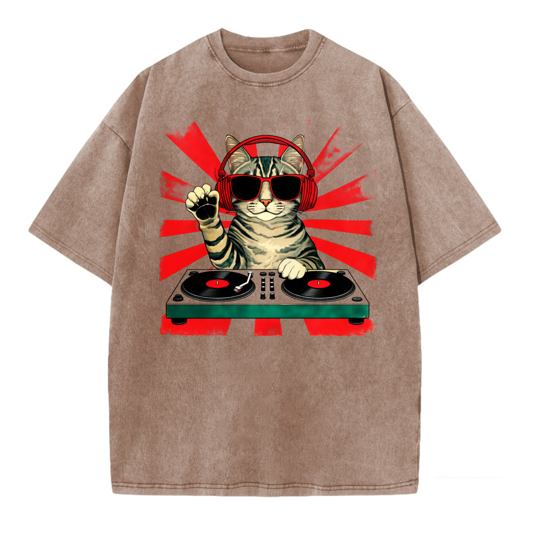 Funny DJ Cat Graphic Washed T-Shirt