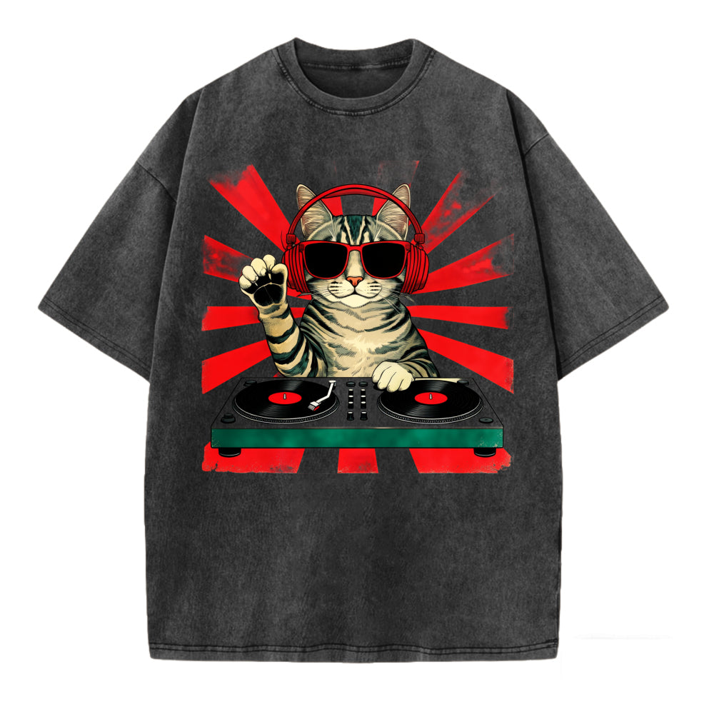 Funny DJ Cat Graphic Washed T-Shirt