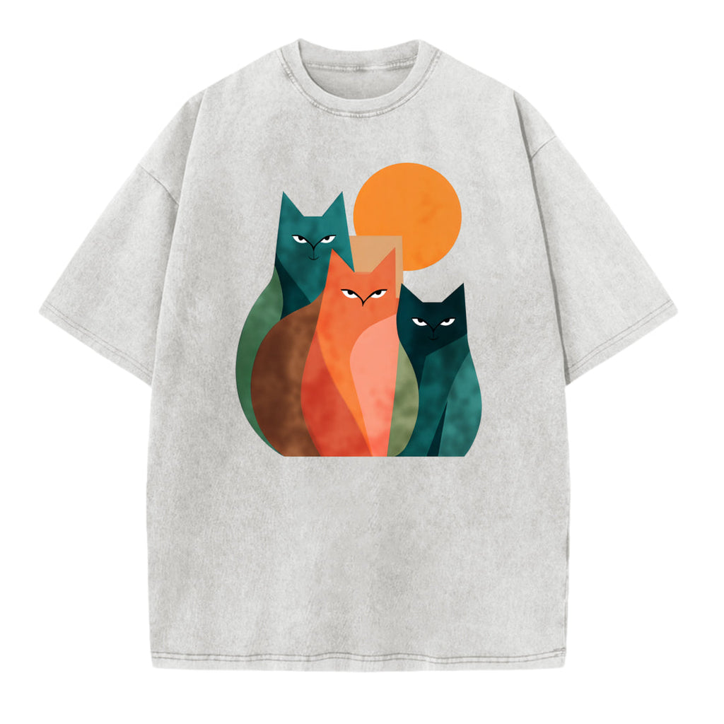 Vintage Abstract Cat Art Print Washed T-Shirt